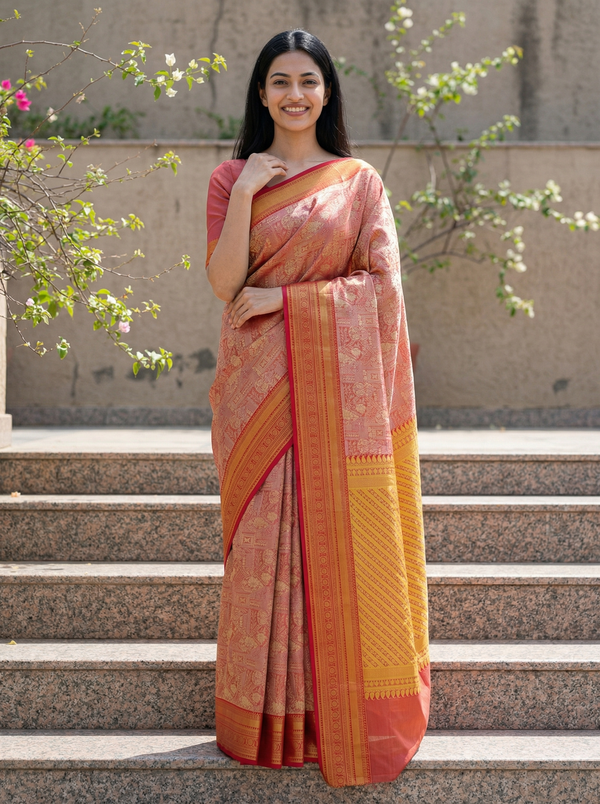 Burnt Sienna Dharmavaram Inspired Semi Silk Saree with Wide Wide Contrast Border