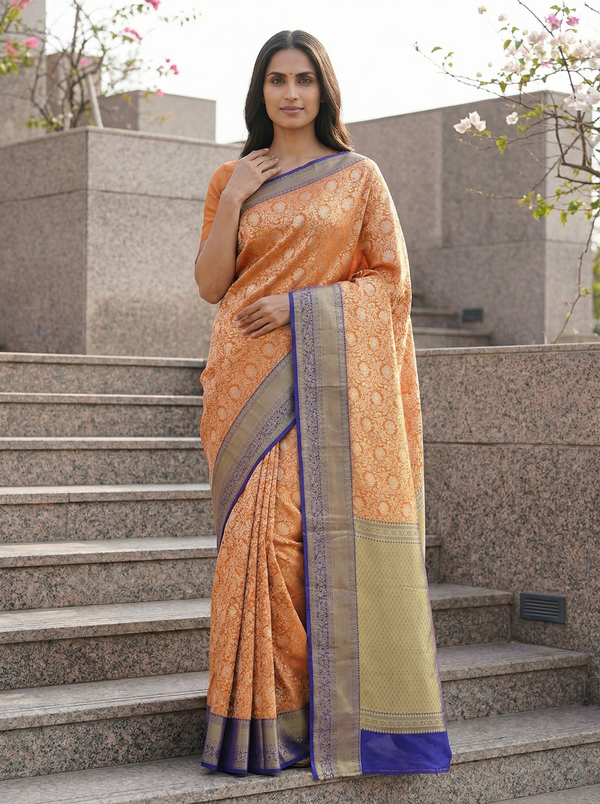 Burnt Orange Dharmavaram Inspired Semi Silk Saree with Medium Medium Contrast Border