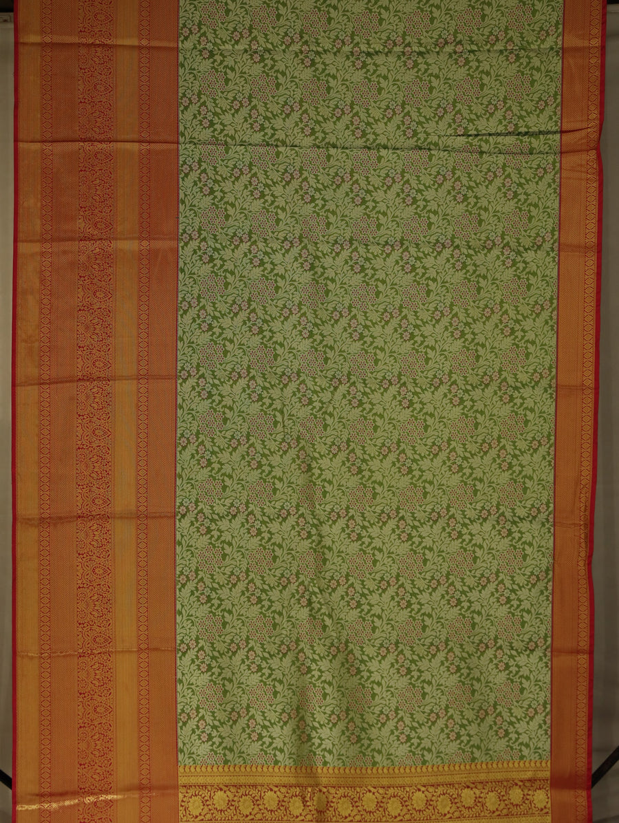 Sage Green Kanchipuram Inspired Semi Silk Saree with Wide Wide Contrast Border