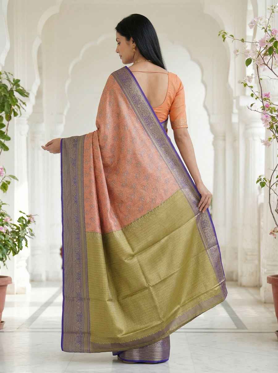 Peach Blossom Kanchipuram Inspired Semi Silk Saree with Wide Wide Contrast Border