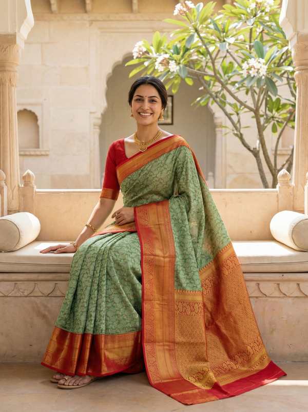Sage Green Kanchipuram Inspired Semi Silk Saree with Medium Medium Contrast Border