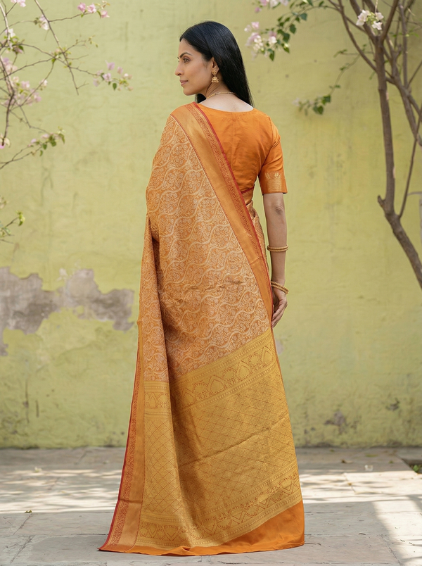 Burnt Orange Gadwal Inspired Semi Silk Saree with Medium Medium Contrast Border
