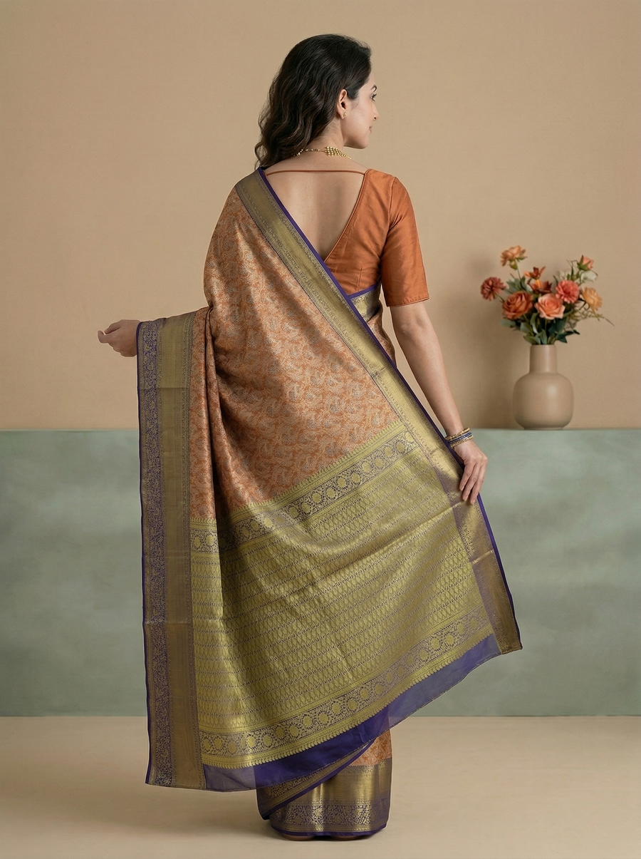 Rust Orange Banarasi Inspired Semi Silk Saree with Medium Medium Contrast Border
