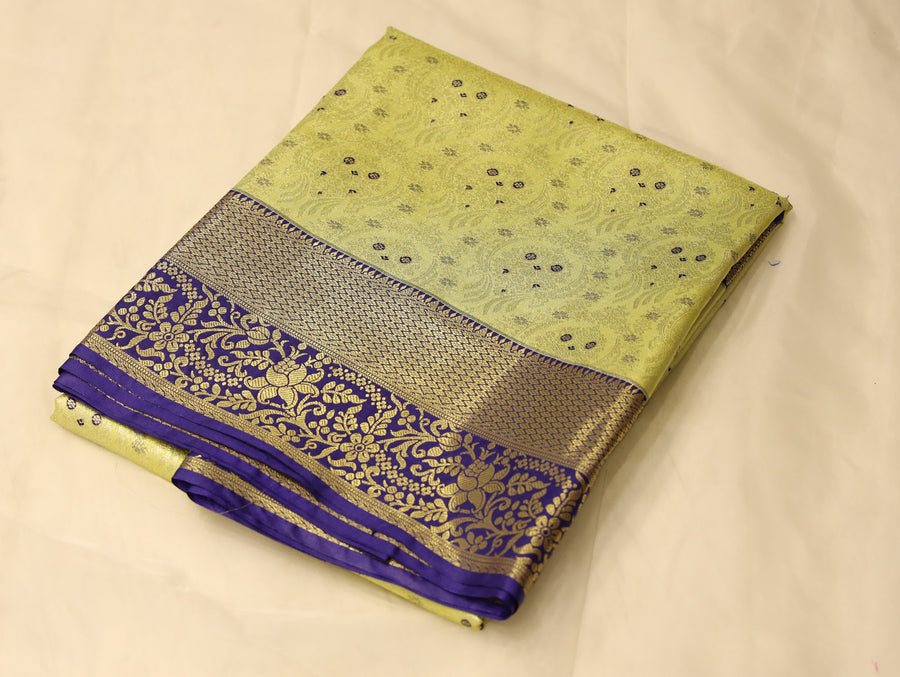 Lime Green Kanchipuram Inspired Semi Silk Saree with Wide Wide Contrast Border
