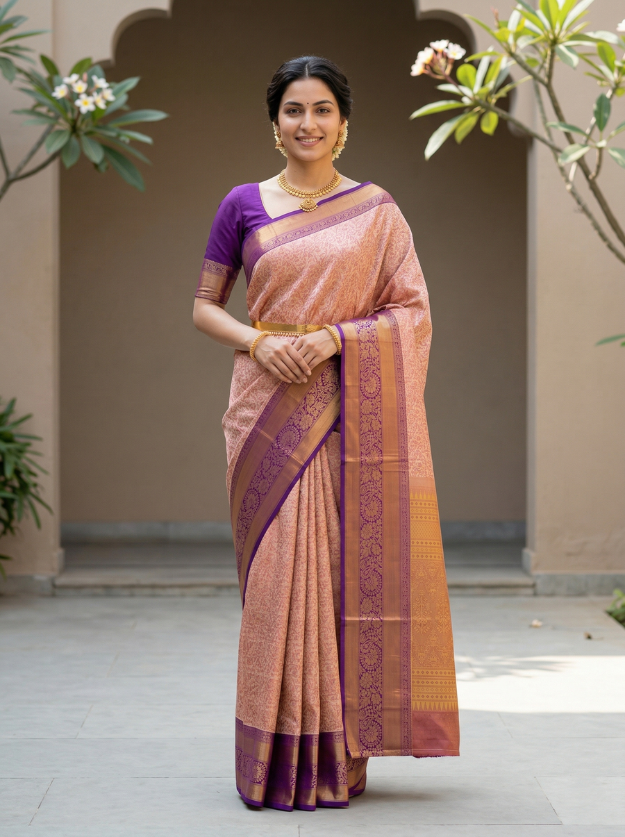 Blush Pink Dharmavaram Inspired Semi Silk Saree with Wide Wide Contrast Border