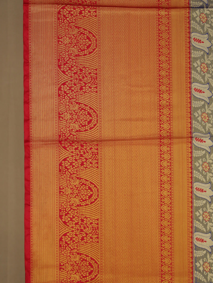 Saffron Yellow Kanchipuram Inspired Semi Silk Saree with Medium Medium Contrast Border