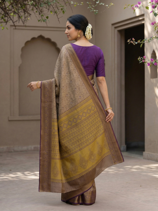 Champagne Gold Dharmavaram Inspired Semi Silk Saree with Wide Wide Contrast Border