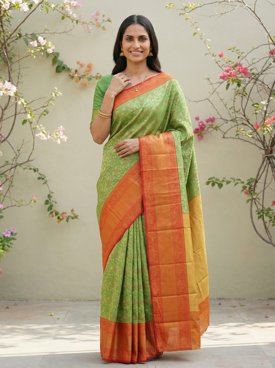 Lime Green Kanchipuram Inspired Semi Silk Saree with Wide Wide Contrast Border