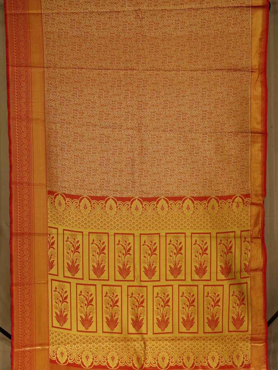 Sunset Orange Dharmavaram Inspired Semi Silk Saree with Wide Wide Contrast Border