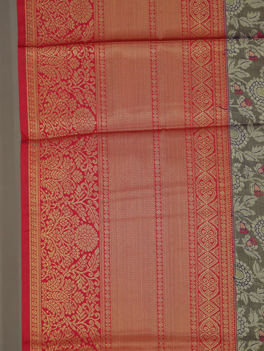 Sage Green Kanchipuram Inspired Semi Silk Saree with Wide Wide Contrast Border