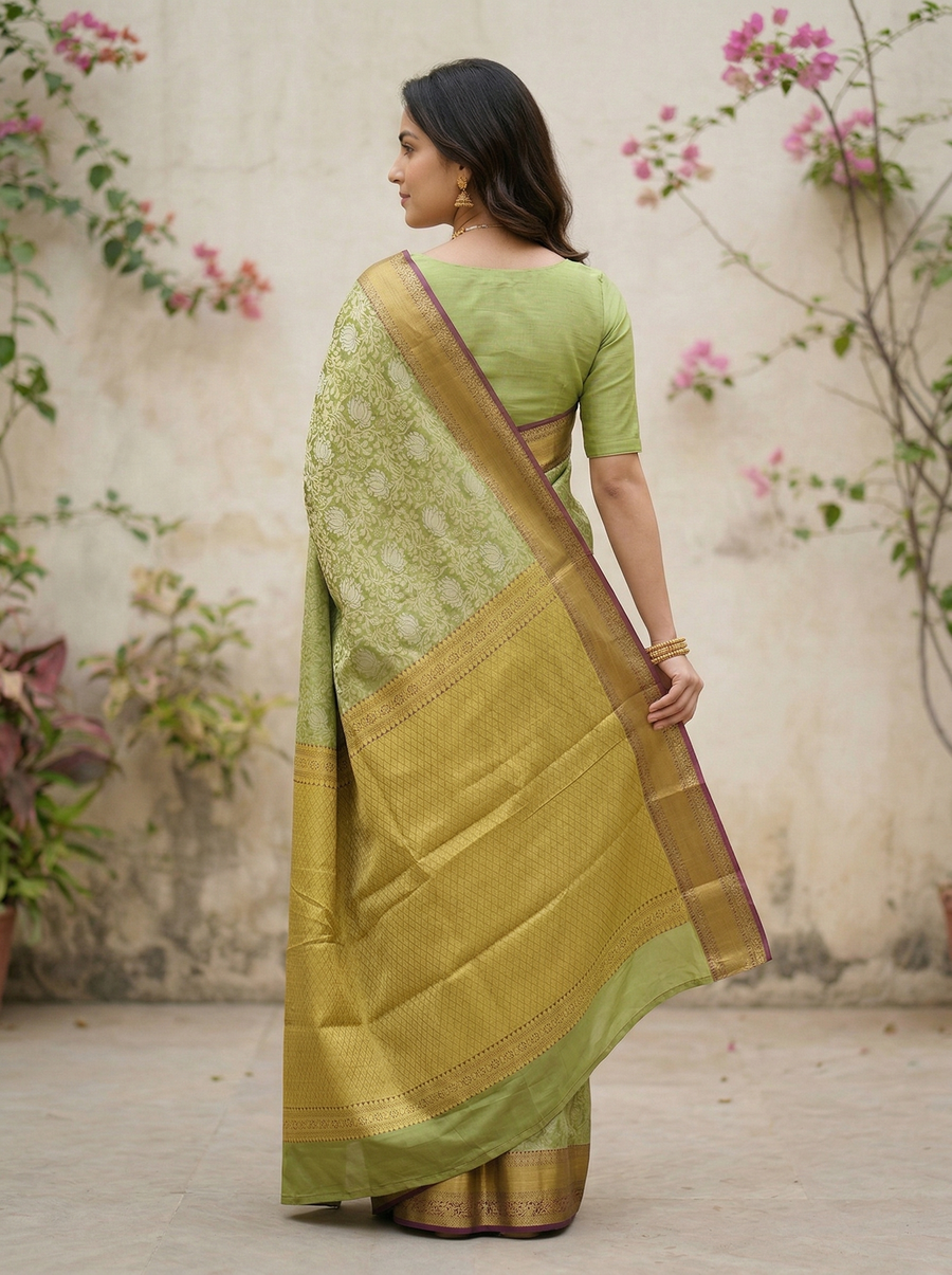 Sage Green Kanchipuram Inspired Semi Silk Saree with Wide Medium Contrast Border