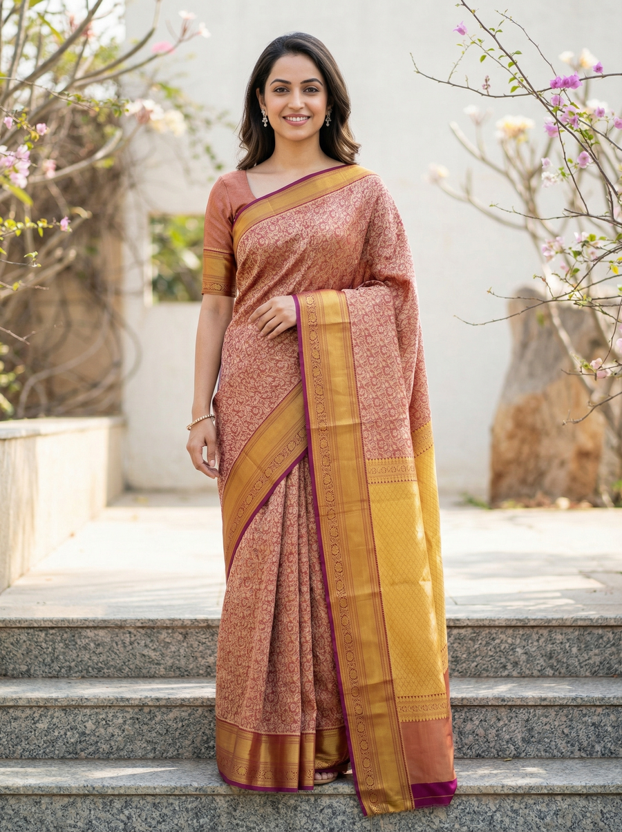 Burnt Sienna Kanchipuram Inspired Semi Silk Saree with Medium Medium Contrast Border