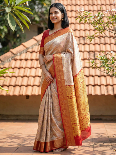 Champagne Gold Kanchipuram Inspired Semi Silk Saree with Medium Medium Contrast Border