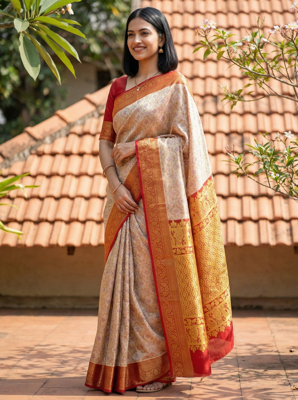 Champagne Gold Kanchipuram Inspired Semi Silk Saree with Medium Medium Contrast Border