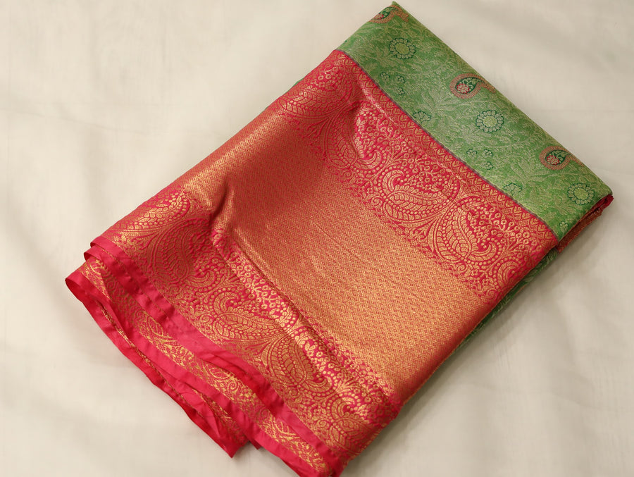 Lime Green Kanchipuram Inspired Semi Silk Saree with Wide Wide Contrast Border