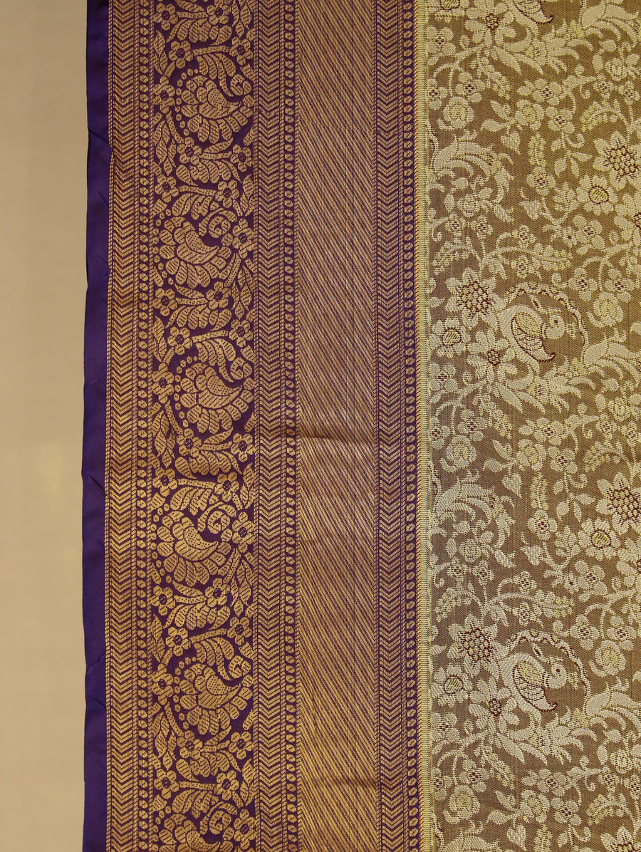 Champagne Gold Kanchipuram Inspired Semi Silk Saree with Wide Medium Contrast Border