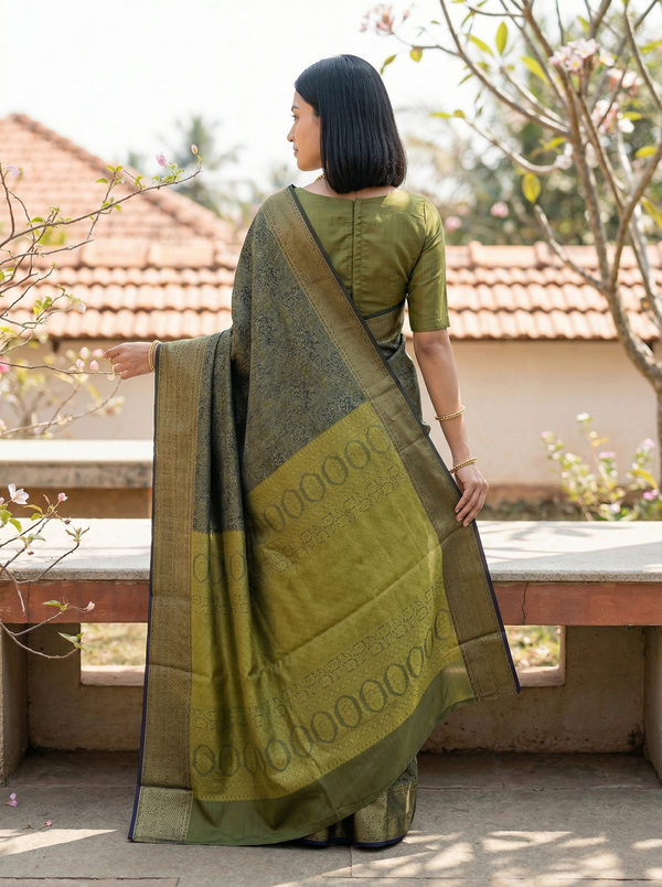 Olive Green Dharmavaram Inspired Semi Silk Saree with Wide Wide Contrast Border