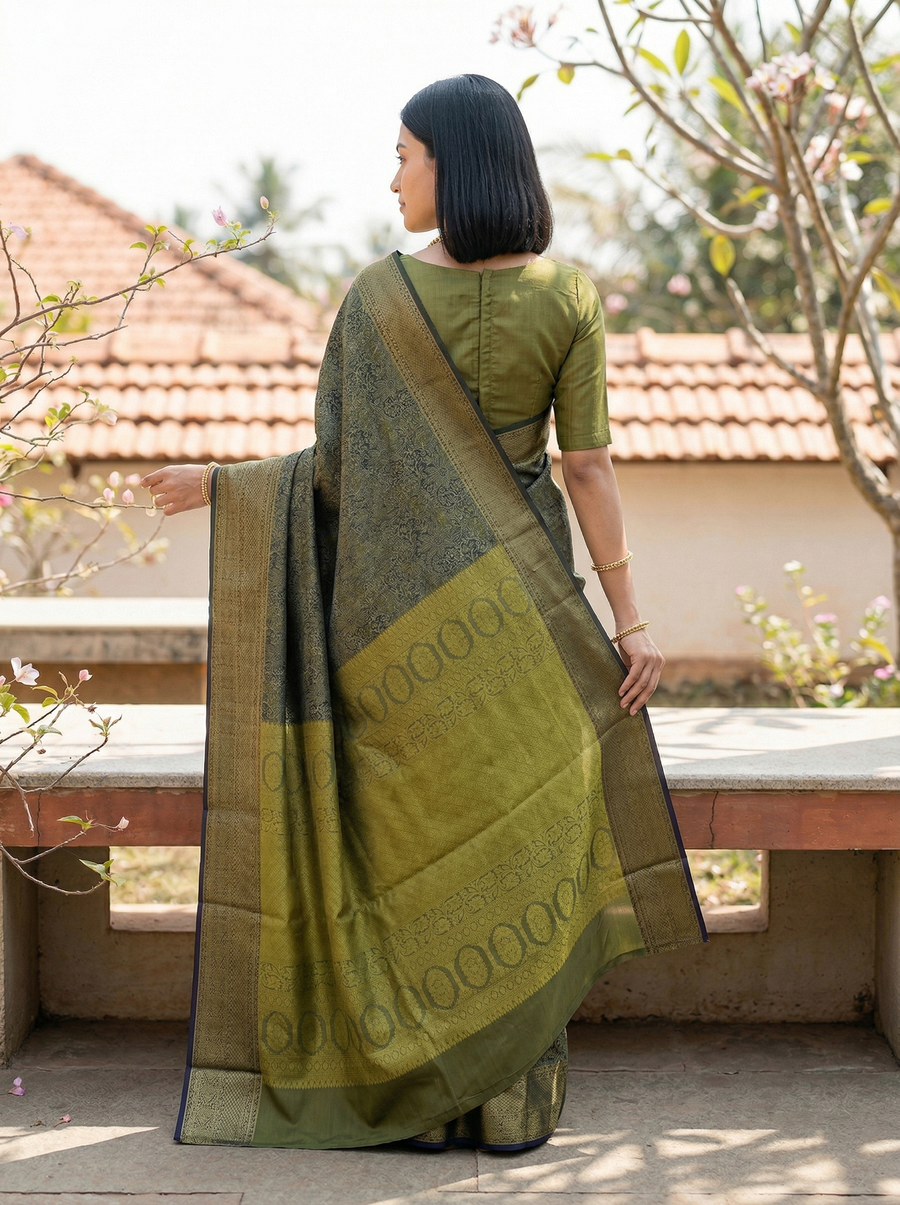 Olive Green Dharmavaram Inspired Semi Silk Saree with Wide Wide Contrast Border