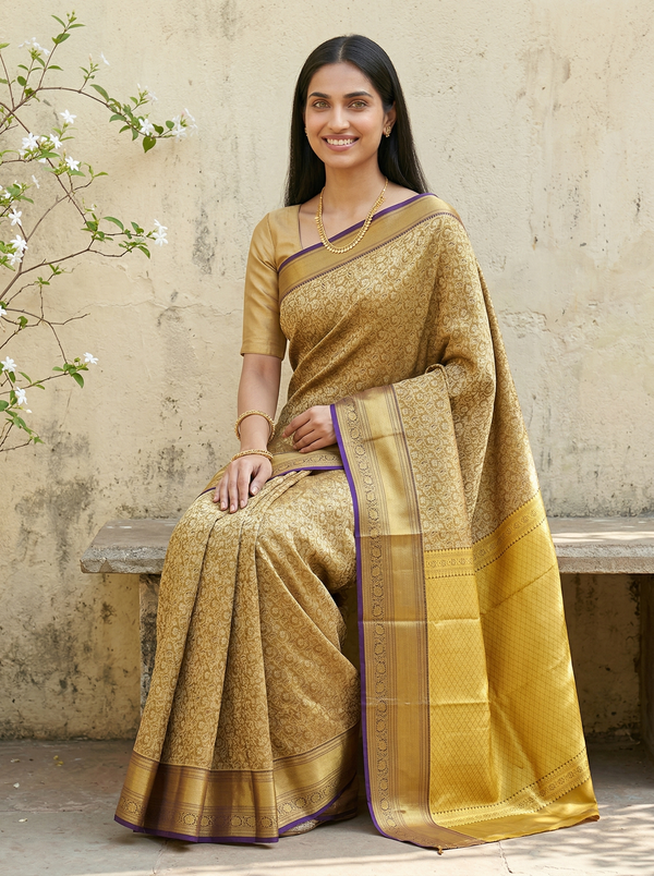 Champagne Gold Kanchipuram Inspired Semi Silk Saree with Wide Wide Contrast Border