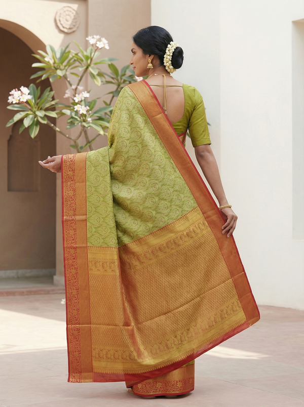 Olive Green Kanchipuram Inspired Semi Silk Saree with Medium Medium Contrast Border