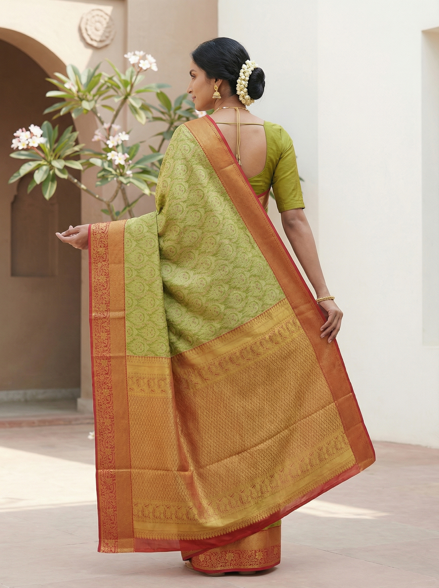 Olive Green Kanchipuram Inspired Semi Silk Saree with Medium Medium Contrast Border