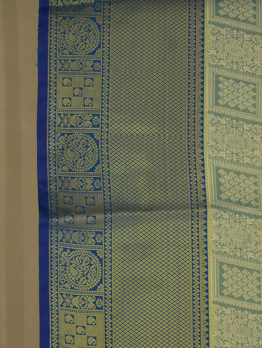 Seafoam Green Kanchipuram Inspired Semi Silk Saree with Medium Medium Contrast Border