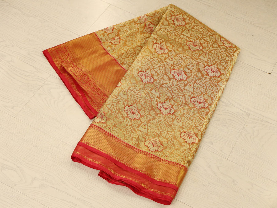 Champagne Gold Kanchipuram Inspired Semi Silk Saree with Wide Wide Contrast Border