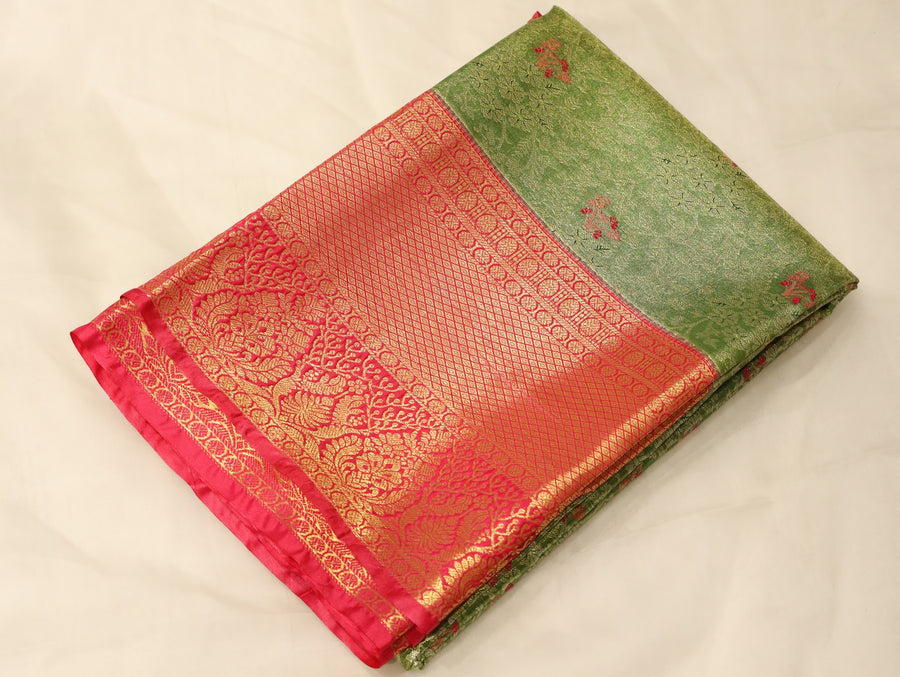 Sage Green Kanchipuram Inspired Semi Silk Saree with Wide Wide Contrast Border