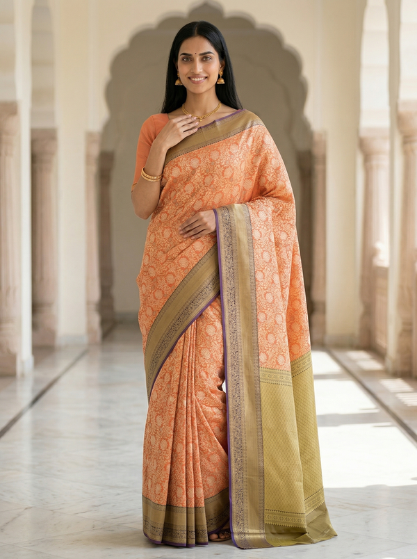 Coral Peach Dharmavaram Inspired Semi Silk Saree with Wide Wide Contrast Border
