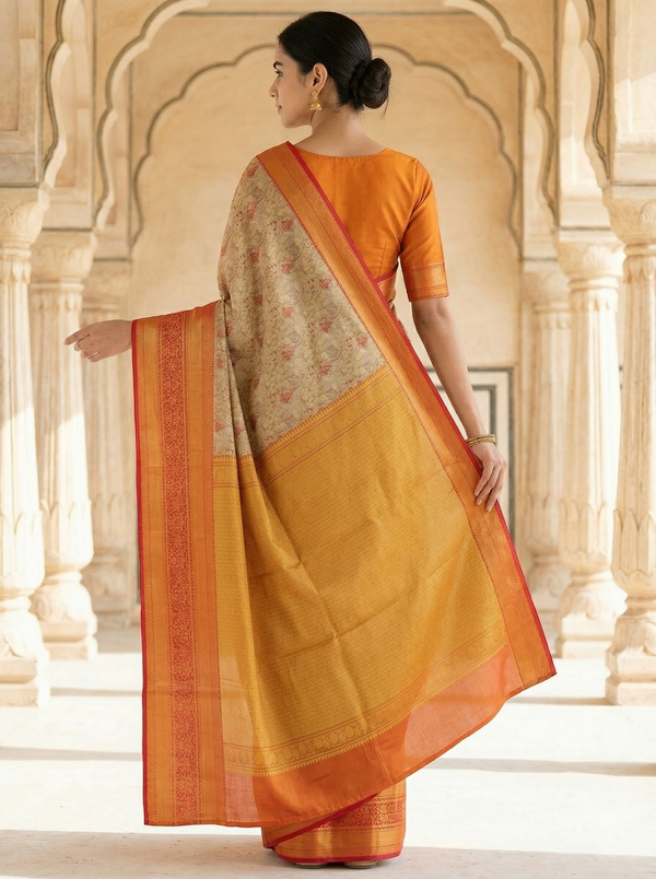 Champagne Gold Dharmavaram Inspired Semi Silk Saree with Wide Wide Contrast Border