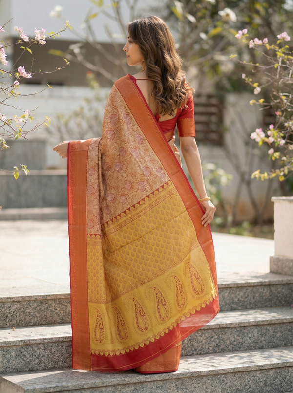 Sunset Gold Kanchipuram Inspired Semi Silk Saree with Wide Wide Contrast Border