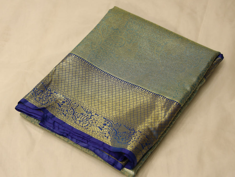 Seafoam Green Dharmavaram Inspired Semi Silk Saree with Medium Medium Contrast Border
