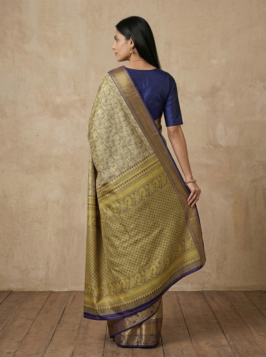 Champagne Gold Dharmavaram Inspired Semi Silk Saree with Wide Wide Contrast Border