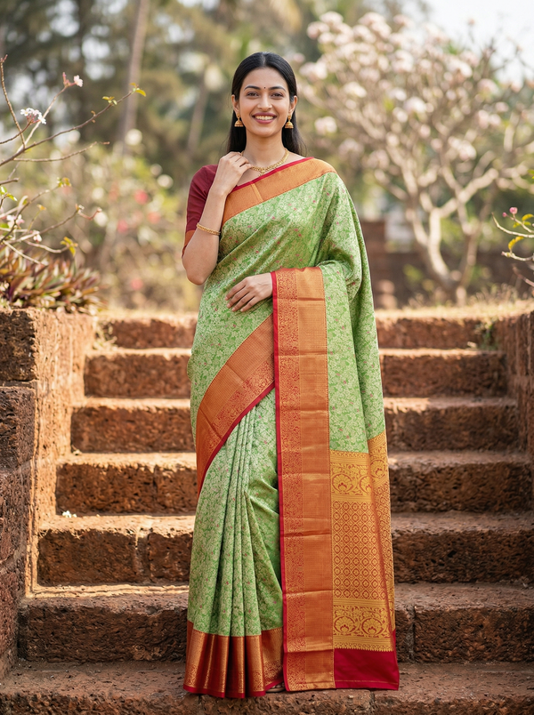 Sage Green Kanchipuram Inspired Semi Silk Saree with Wide Wide Contrast Border