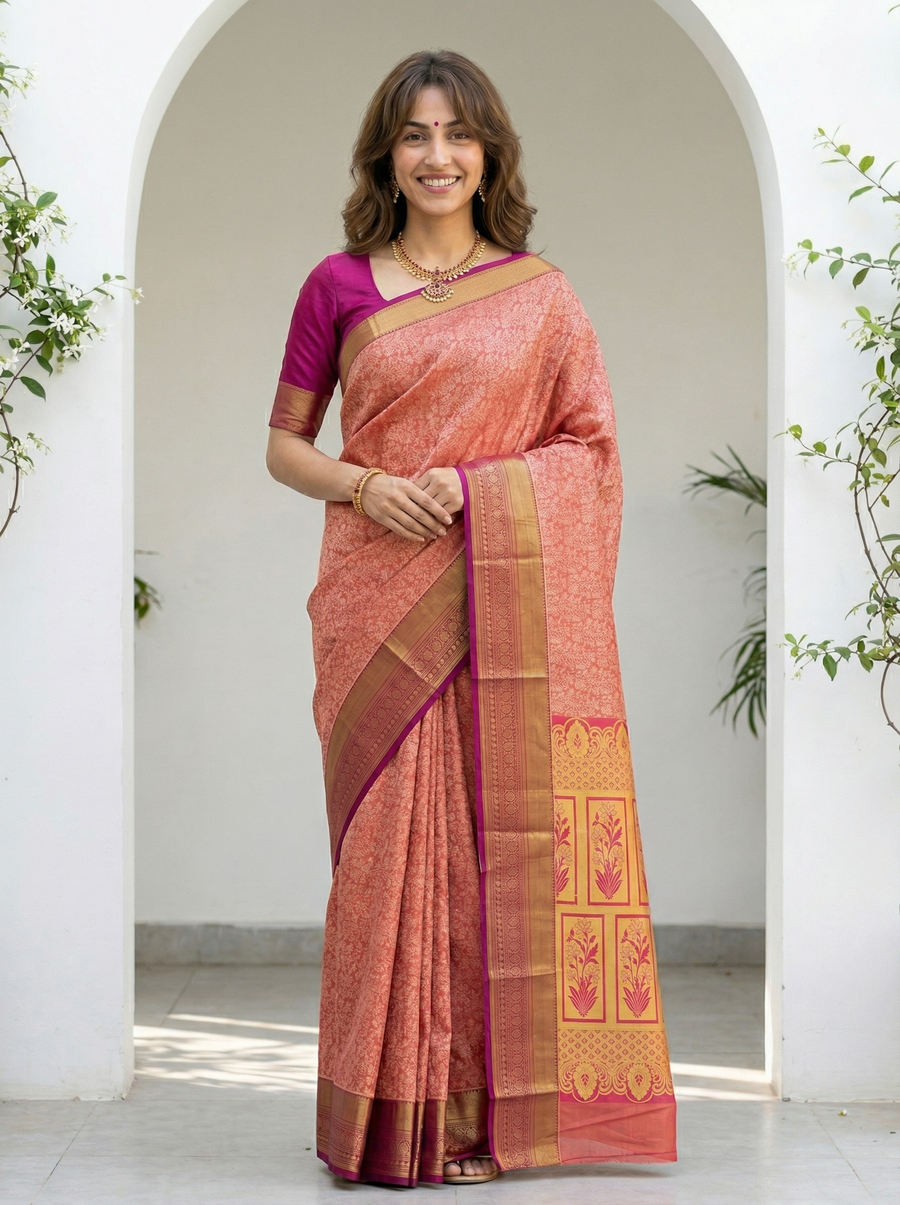 Coral Peach Kanchipuram Inspired Semi Silk Saree with Wide Wide Contrast Border