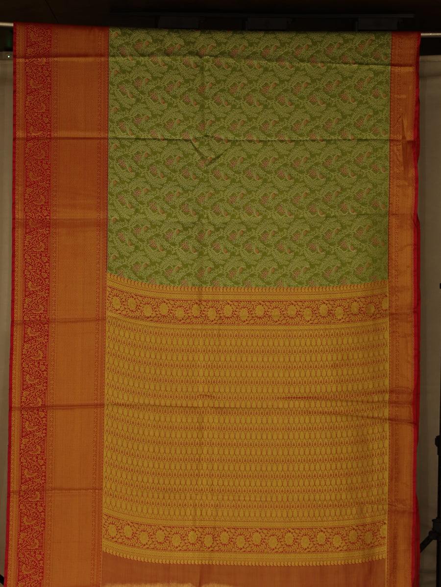 Sage Green Kanchipuram Inspired Semi Silk Saree with Wide Wide Contrast Border