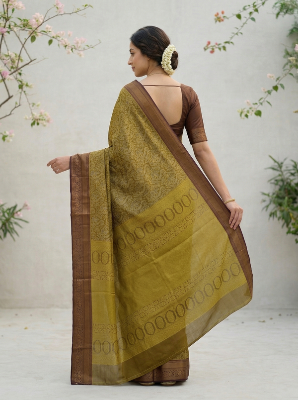 Champagne Gold Kanchipuram Inspired Semi Silk Saree with Wide Medium Contrast Border