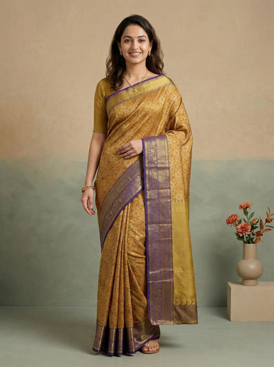 Champagne Gold Kanchipuram Inspired Semi Silk Saree with Wide Wide Contrast Border