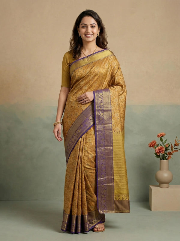 Champagne Gold Kanchipuram Inspired Semi Silk Saree with Wide Wide Contrast Border