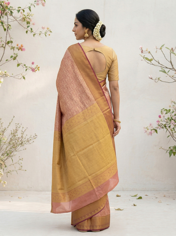 Champagne Gold Dharmavaram Inspired Semi Silk Saree with Medium Medium Contrast Border