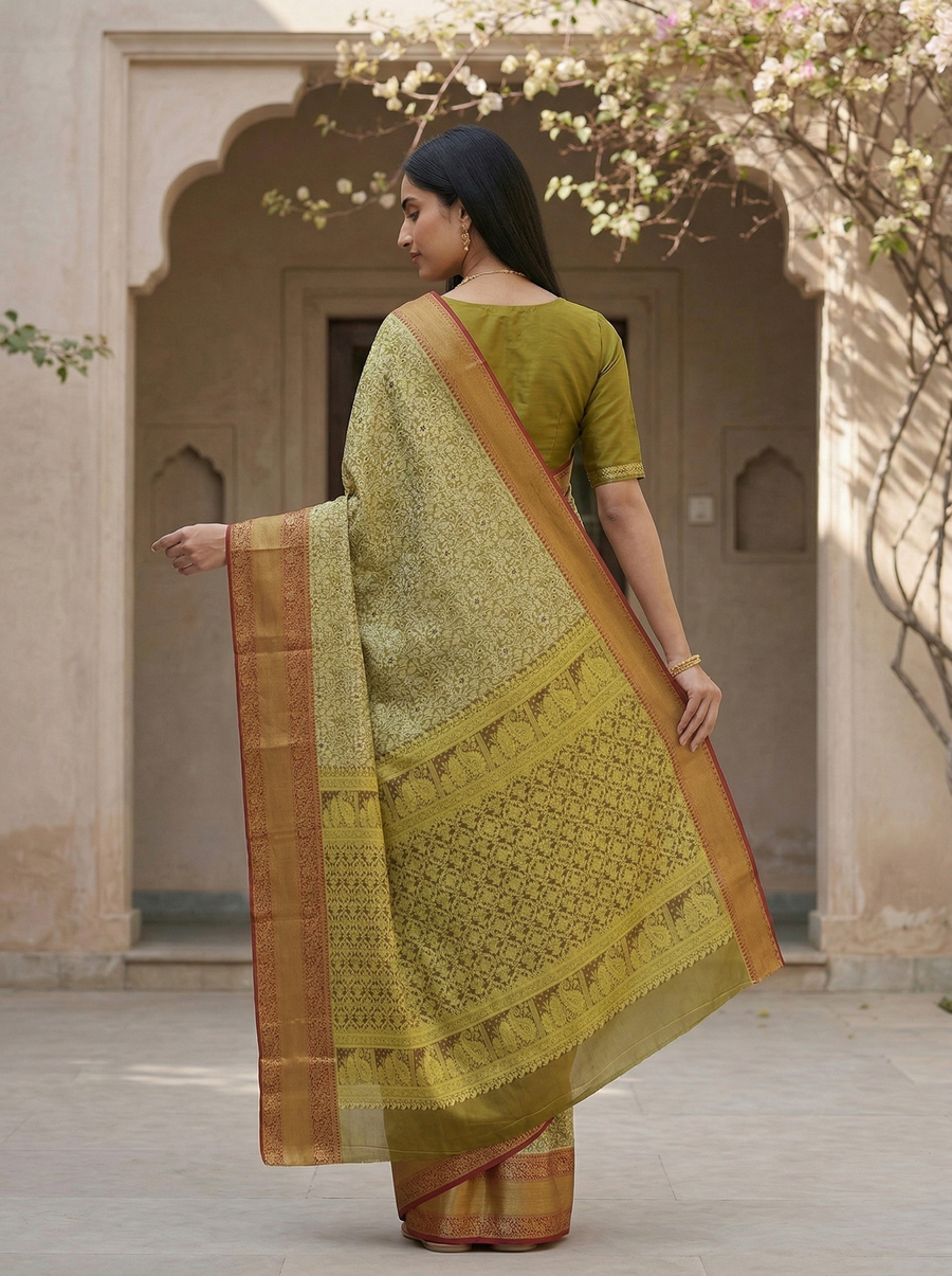 Olive Green Kanchipuram Inspired Semi Silk Saree with Wide Wide Contrast Border