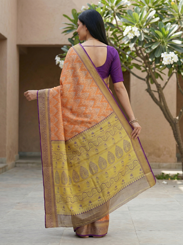 Burnt Orange Gadwal Inspired Semi Silk Saree with Medium Medium Contrast Border