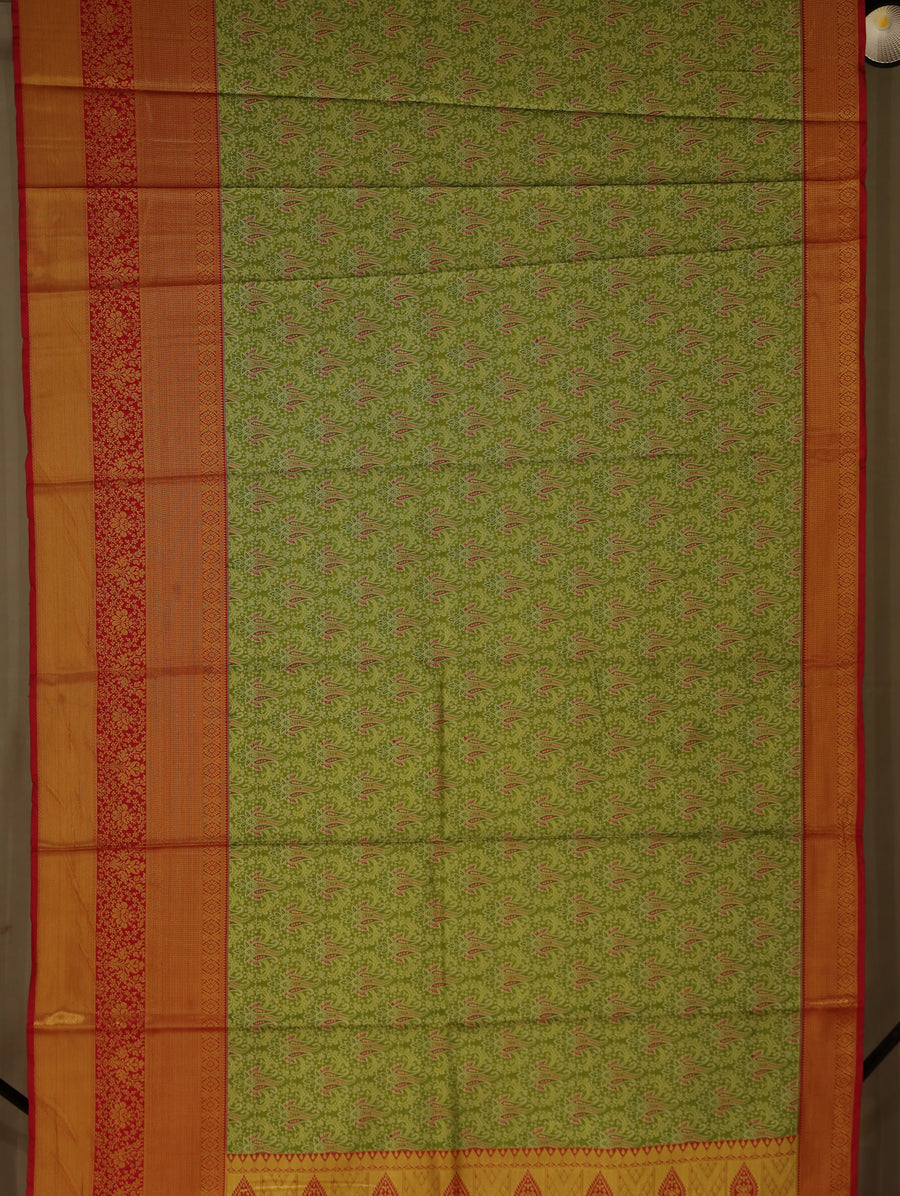 Lime Green Kanchipuram Inspired Semi Silk Saree with Wide Wide Contrast Border