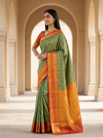 Sage Green Kanchipuram Inspired Semi Silk Saree with Wide Wide Contrast Border