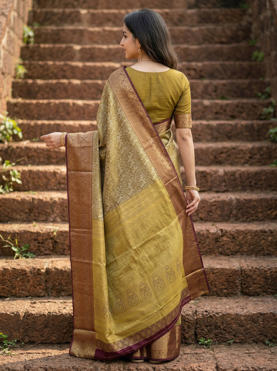 Moss Green Kanchipuram Inspired Semi Silk Saree with Wide Wide Contrast Border