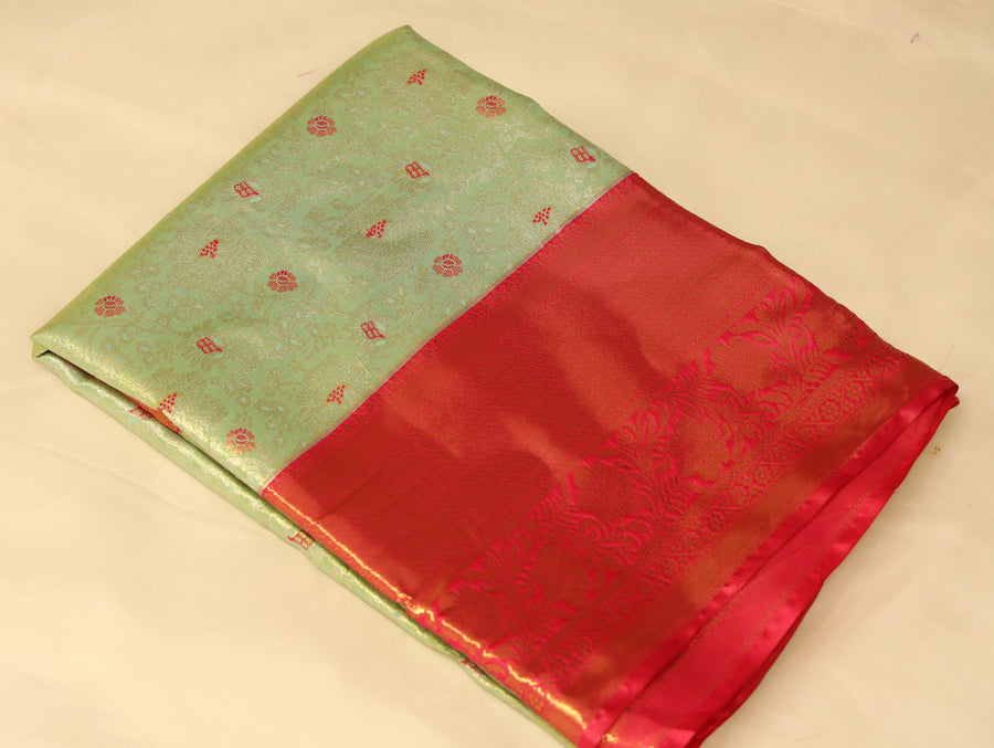 Mint Green Kanchipuram Inspired Semi Silk Saree with Medium Medium Contrast Border