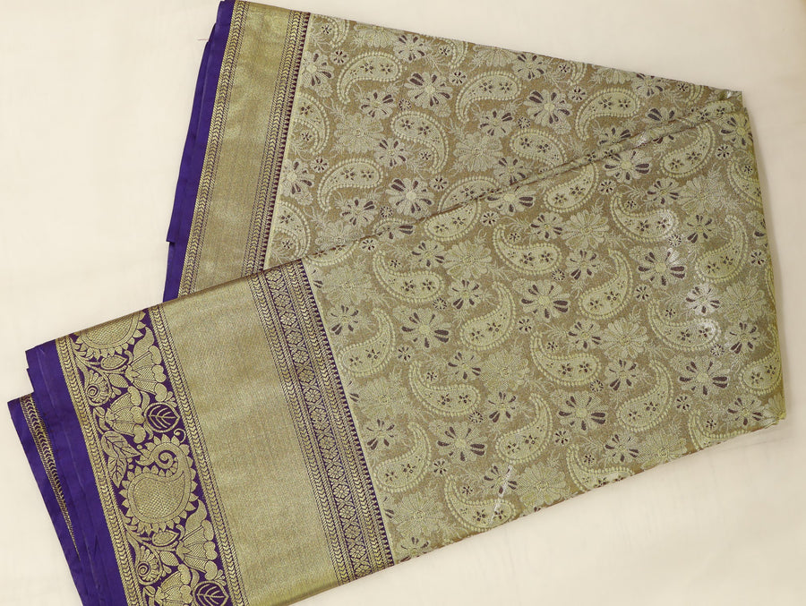 Champagne Gold Kanchipuram Inspired Semi Silk Saree with Medium Medium Contrast Border