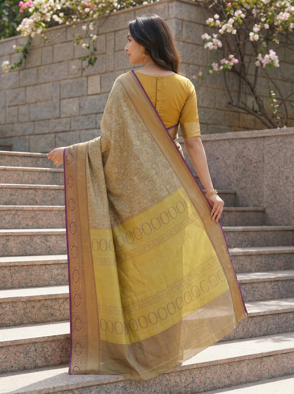Mustard Gold Gadwal Inspired Semi Silk Saree with Medium Medium Contrast Border
