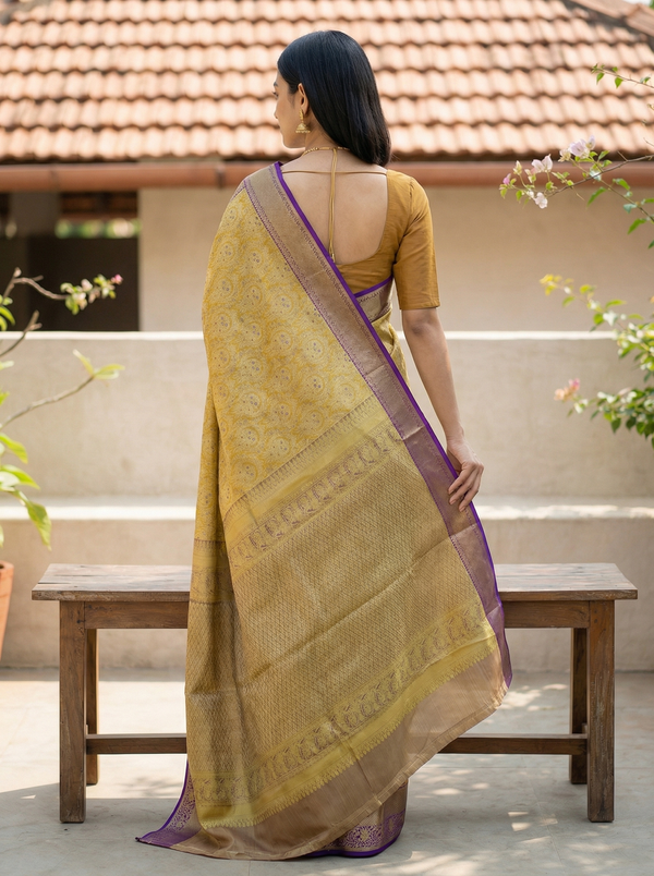 Champagne Gold Dharmavaram Inspired Semi Silk Saree with Medium Medium Contrast Border