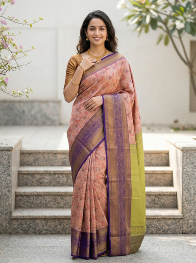 Blush Pink Dharmavaram Inspired Semi Silk Saree with Wide Wide Contrast Border